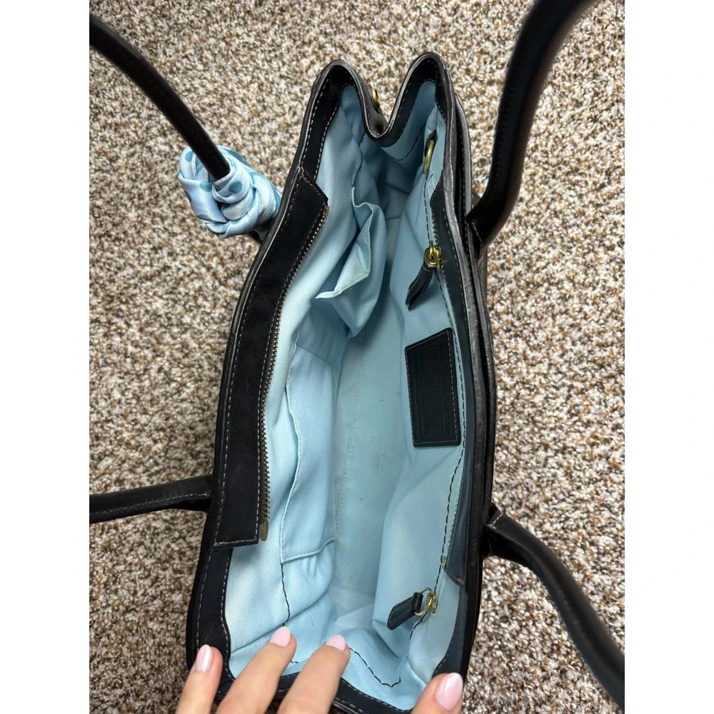 Coach Madeline Shoulder Leather Tote Bag Medium Black Turnlock Blue Scarf 11555